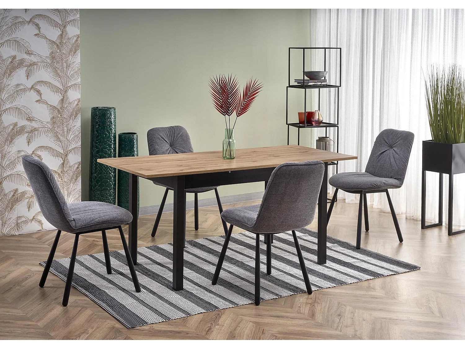 Table à manger 124-168cm style industriel avec plateau plaqué chêne et rallonge CENTAURE