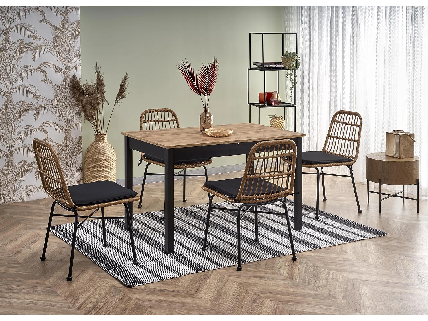 Table à manger 124-168cm style industriel avec plateau plaqué chêne et rallonge CENTAURE