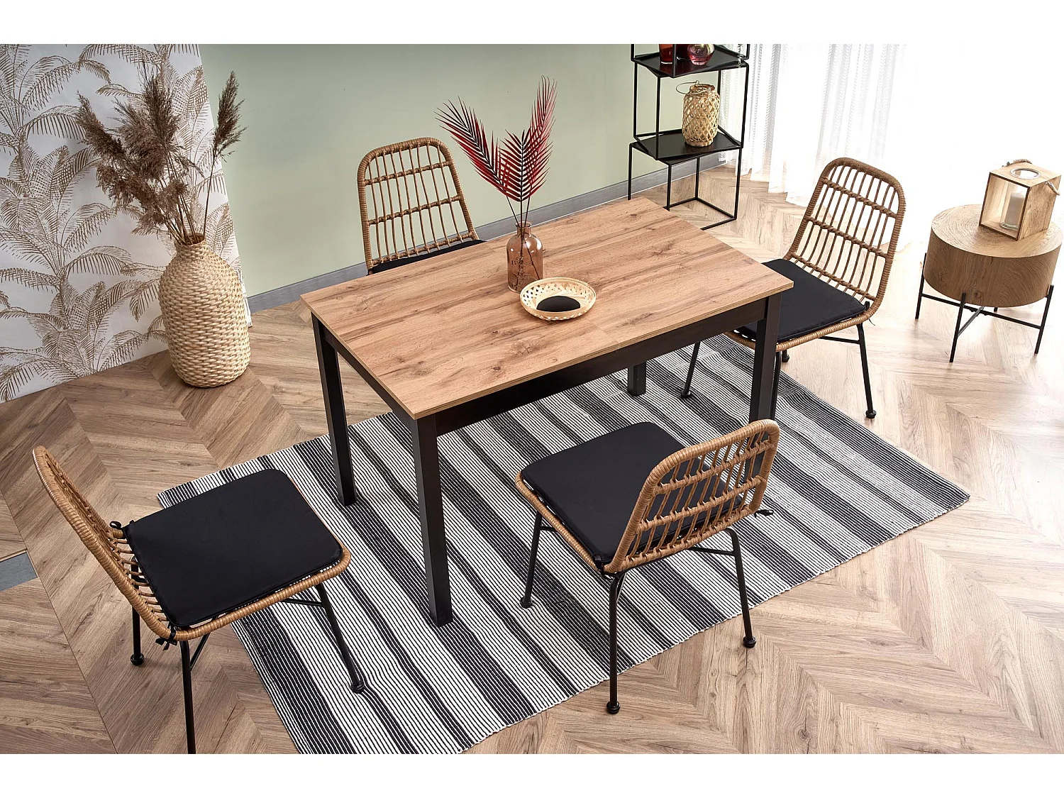 Table à manger 124-168cm style industriel avec plateau plaqué chêne et rallonge CENTAURE