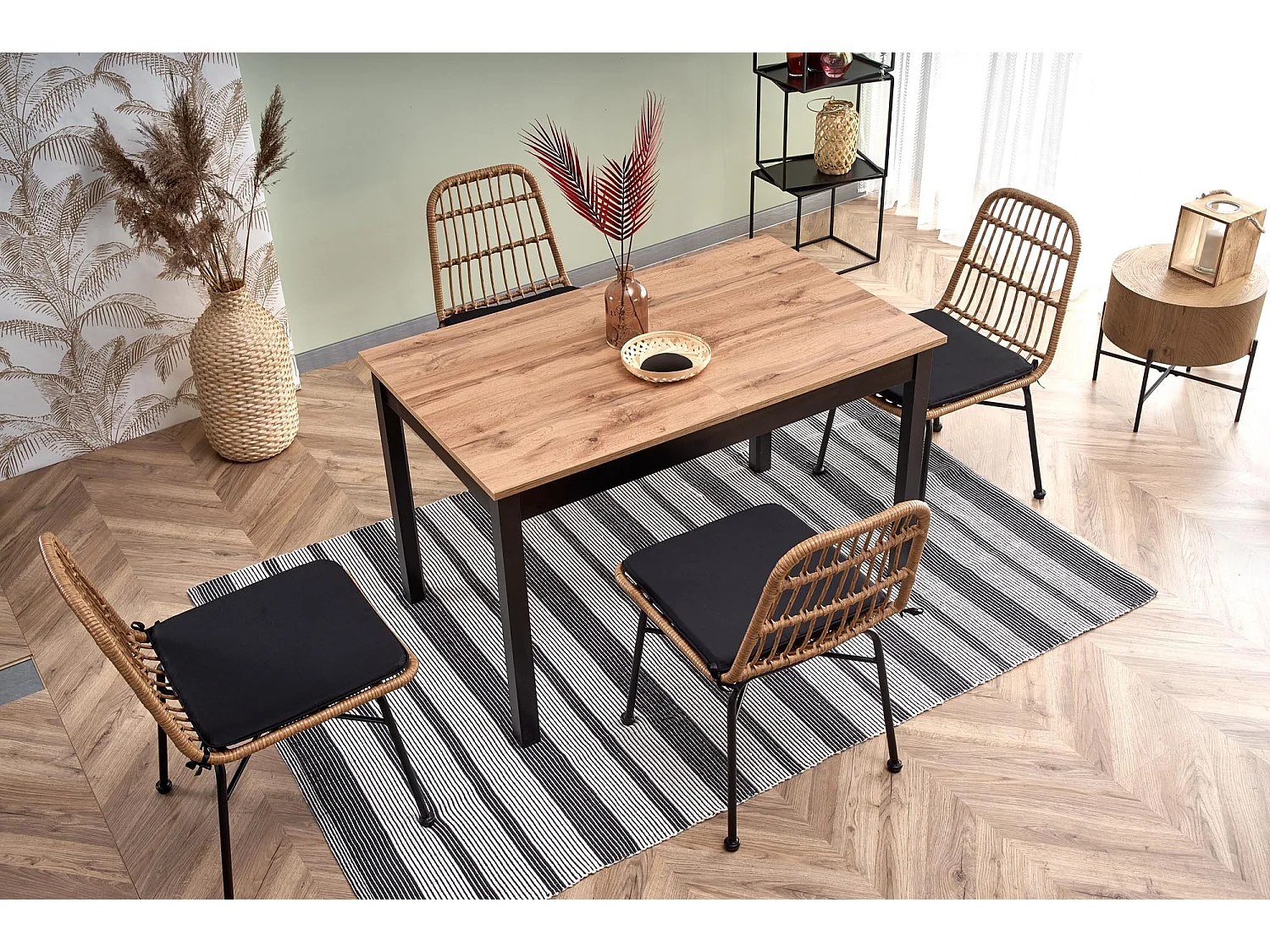 Table à manger 124-168cm style industriel avec plateau plaqué chêne et rallonge CENTAURE