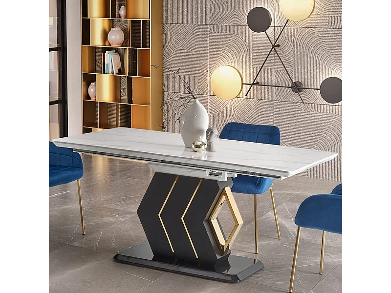 Mesa extensible con tablero imitación mármol blanco y pata central negra y dorada WHALE