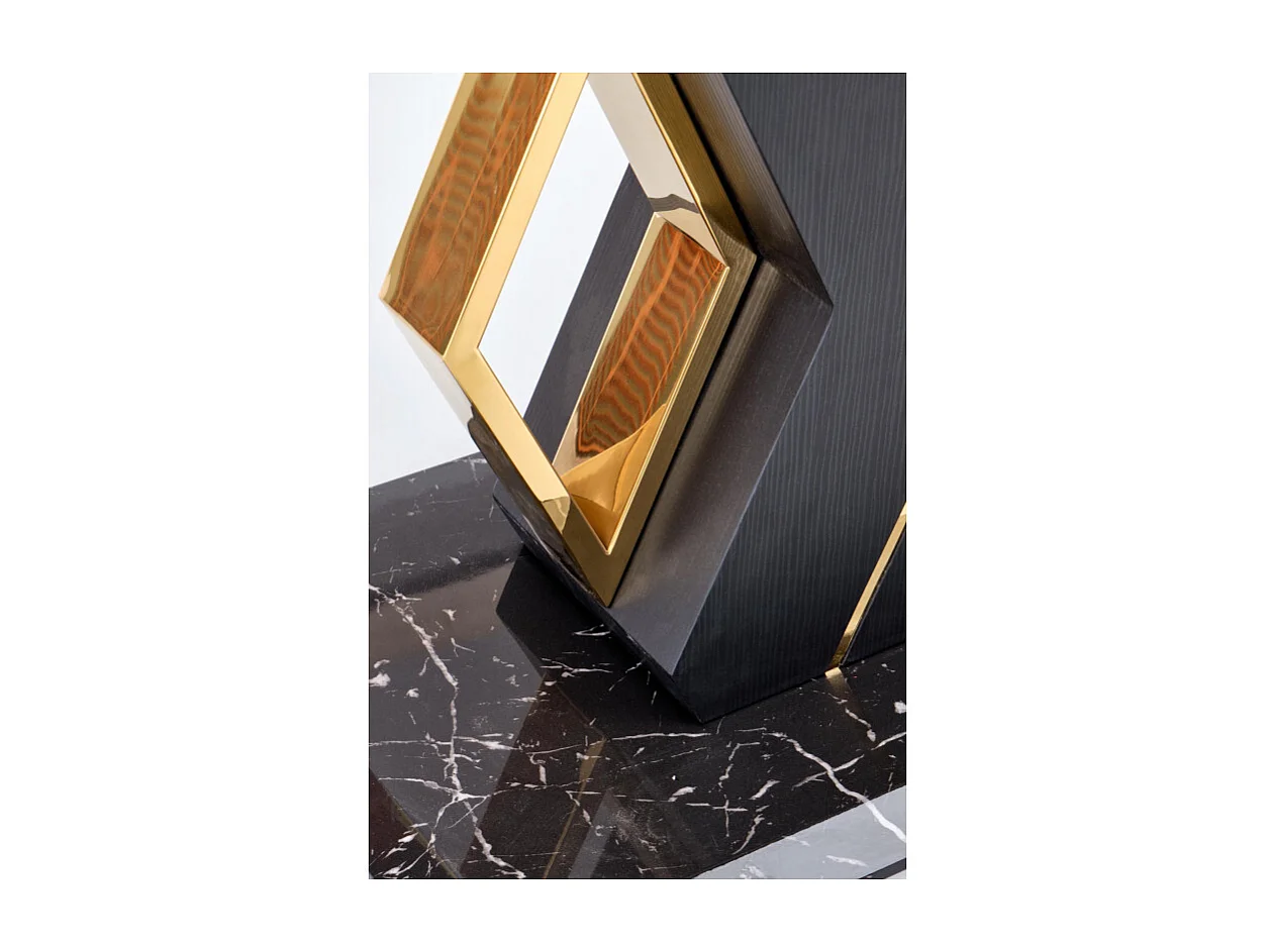 Mesa extensible con tablero imitación mármol blanco y pata central negra y dorada WHALE