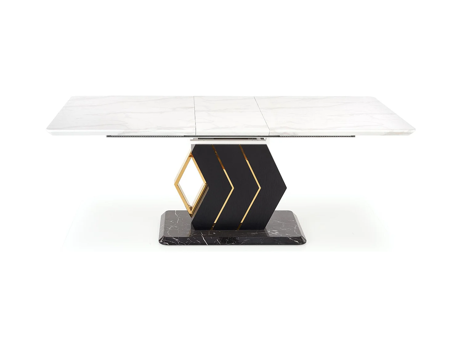 Table extensible avec plateau aspect marbre blanc et pied central noir et doré WHALE