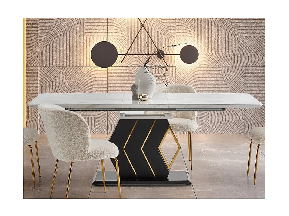 Table extensible avec plateau aspect marbre blanc et pied central noir et doré WHALE