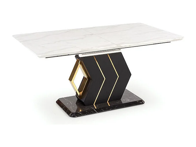 Table extensible avec plateau aspect marbre blanc et pied central noir et doré WHALE