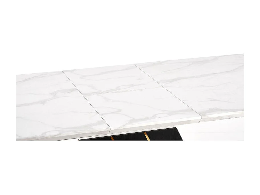 Table extensible avec plateau aspect marbre blanc et pied central noir et doré WHALE