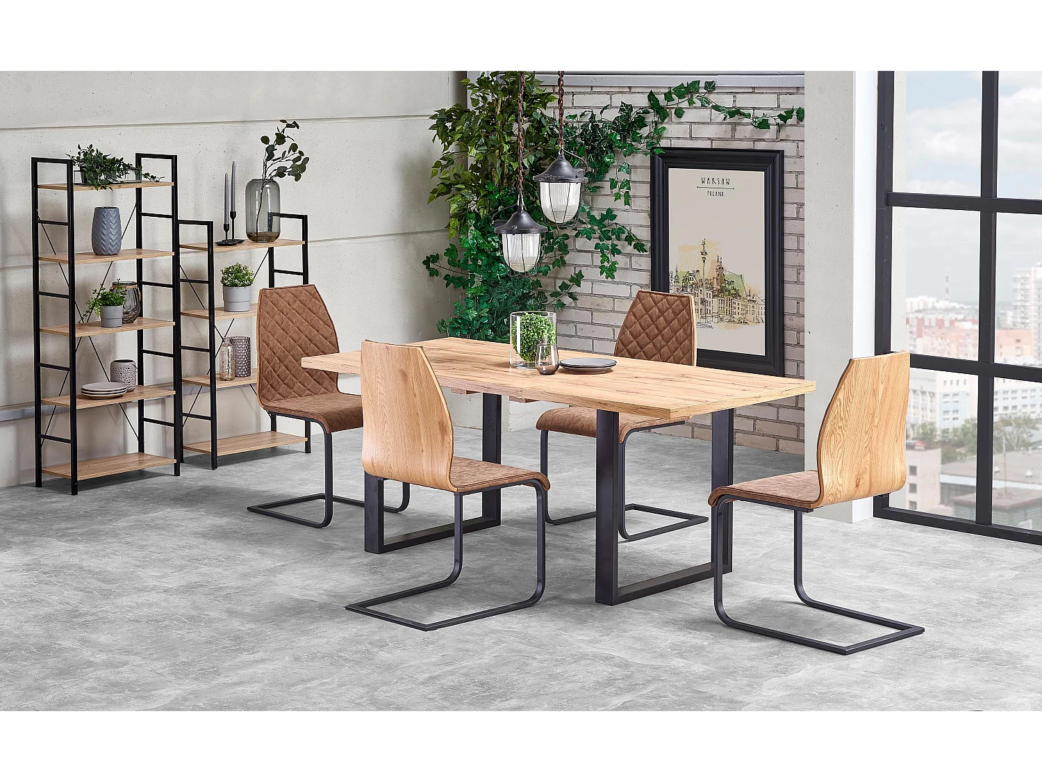 Tavolo da pranzo allungabile da 135-185 cm con piano in rovere Wotan e gambe in metallo nero Venice