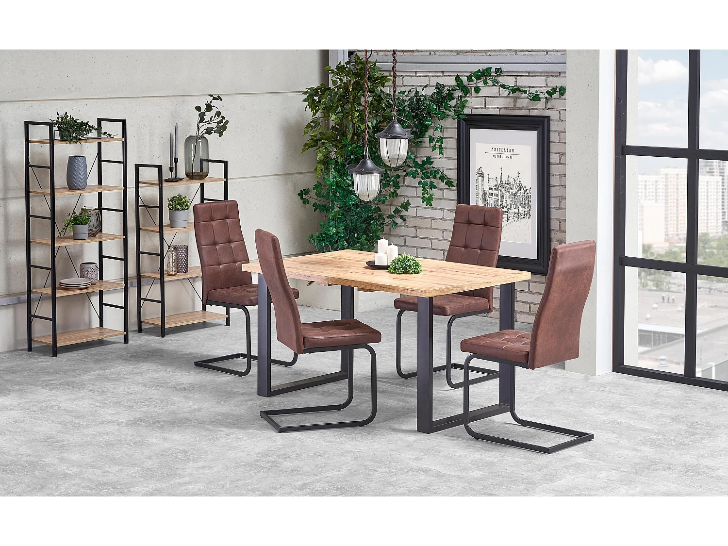 Table de salle à manger extensible 135-185 cm avec plateau aspect chêne Wotan et pieds métal noir Venice