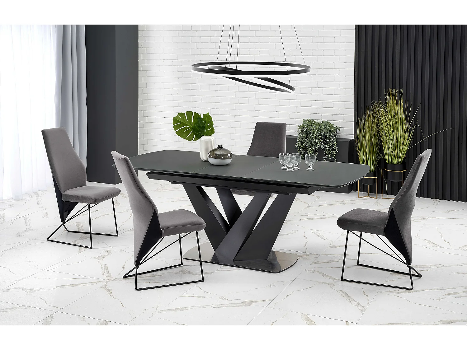 Tavolo da pranzo allungabile contemporaneo SHIELD grigio e nero con gamba centrale