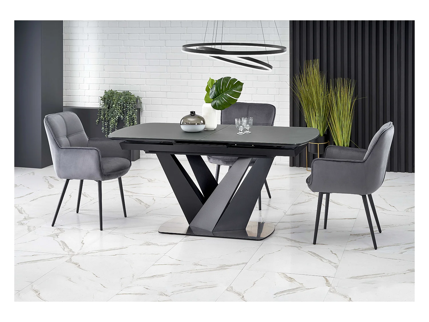 Table de salle à manger contemporaine extensible grise et noire avec pied central SHIELD