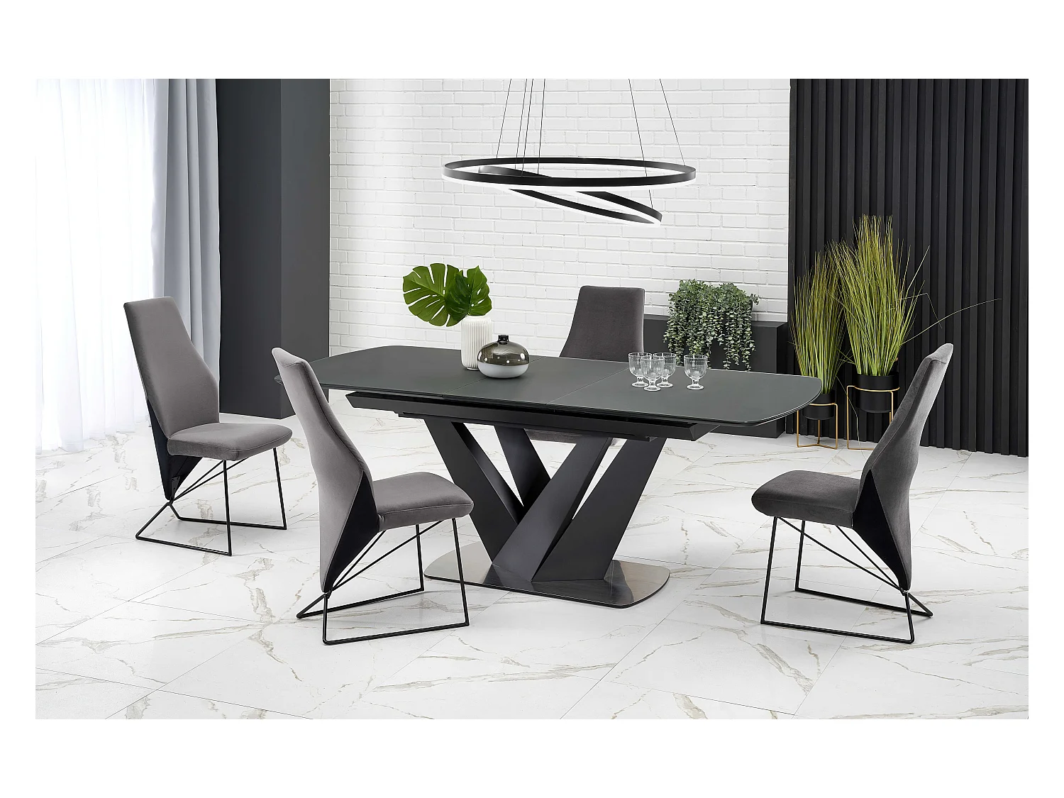 Table de salle à manger contemporaine extensible grise et noire avec pied central SHIELD