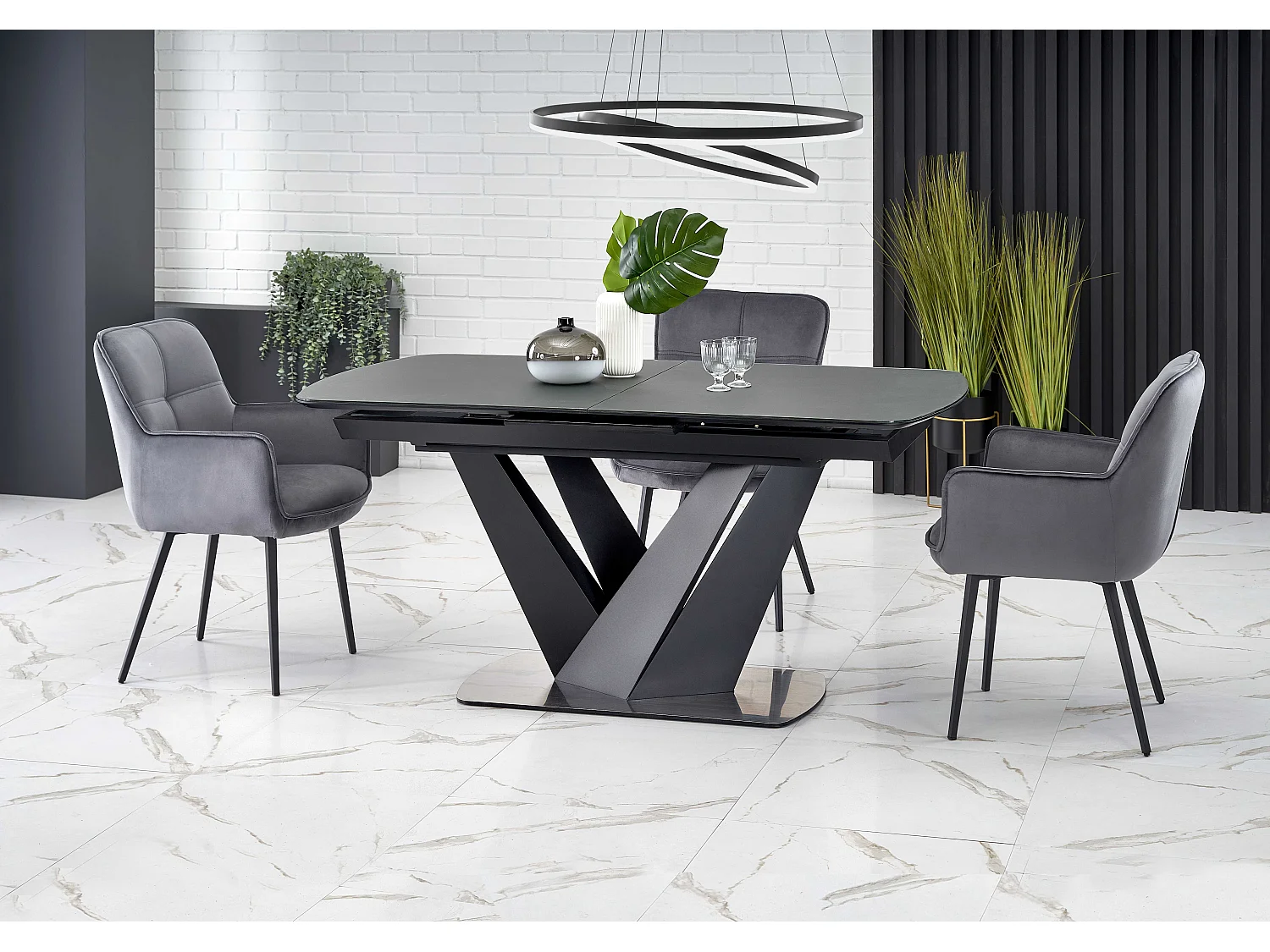 Table de salle à manger contemporaine extensible grise et noire avec pied central SHIELD