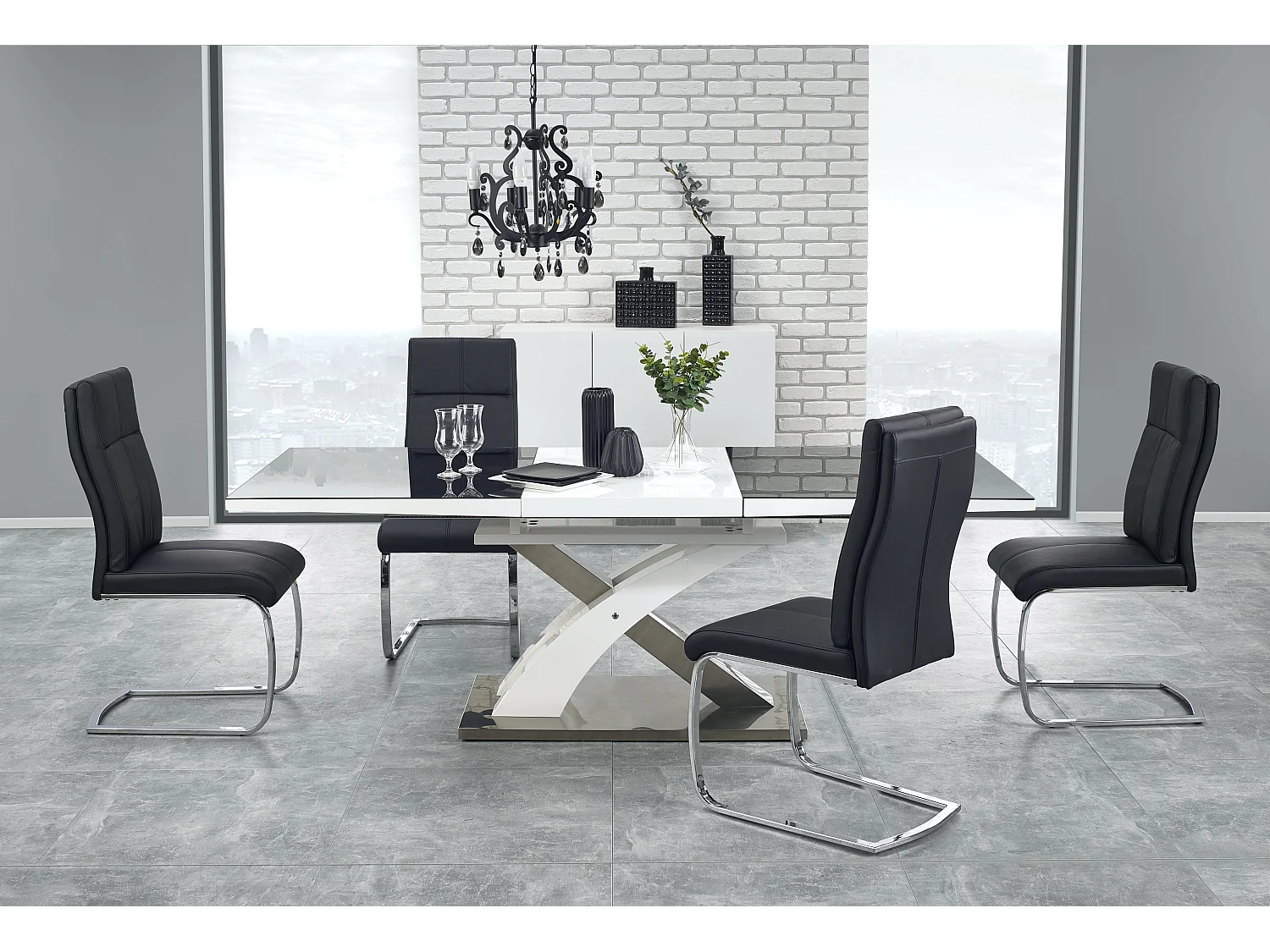 Mesa de comedor Cesar de diseño en blanco y negro con hoja extensible