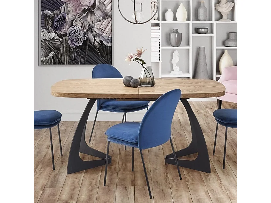 Table de salle à manger extensible aspect chêne avec pieds design en métal noir CYBELE