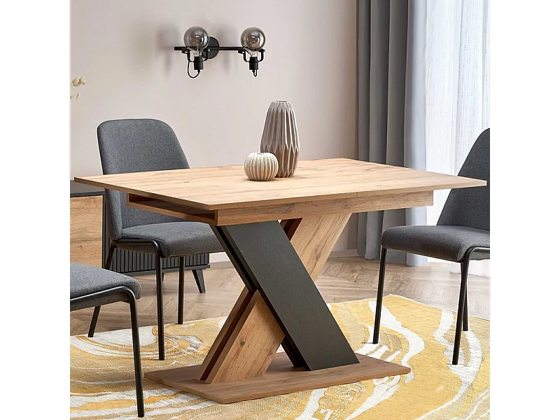 Mesa de comedor extensible APODIS con pata central bicolor y tablero de aspecto roble
