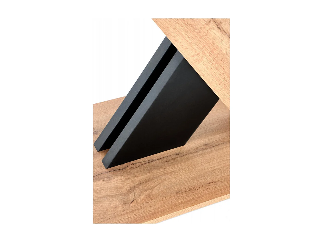 Mesa de comedor extensible APODIS con pata central bicolor y tablero de aspecto roble