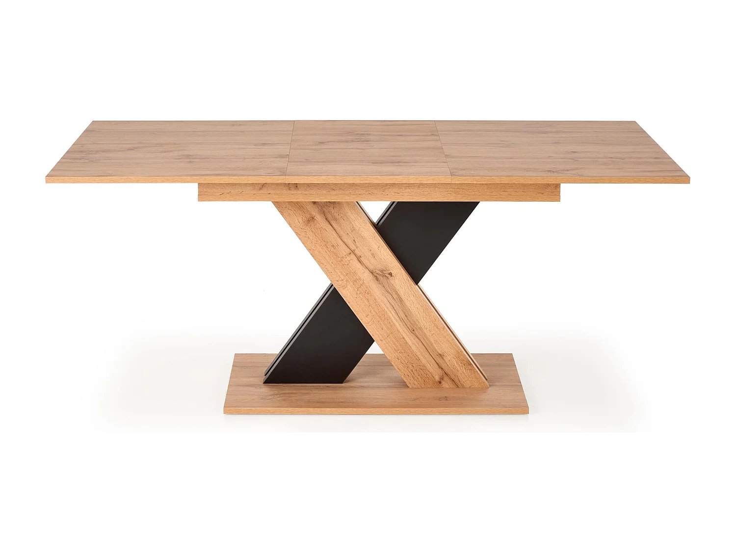 Mesa de comedor extensible APODIS con pata central bicolor y tablero de aspecto roble