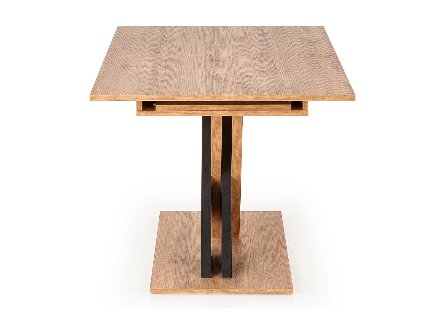 Mesa de comedor extensible APODIS con pata central bicolor y tablero de aspecto roble