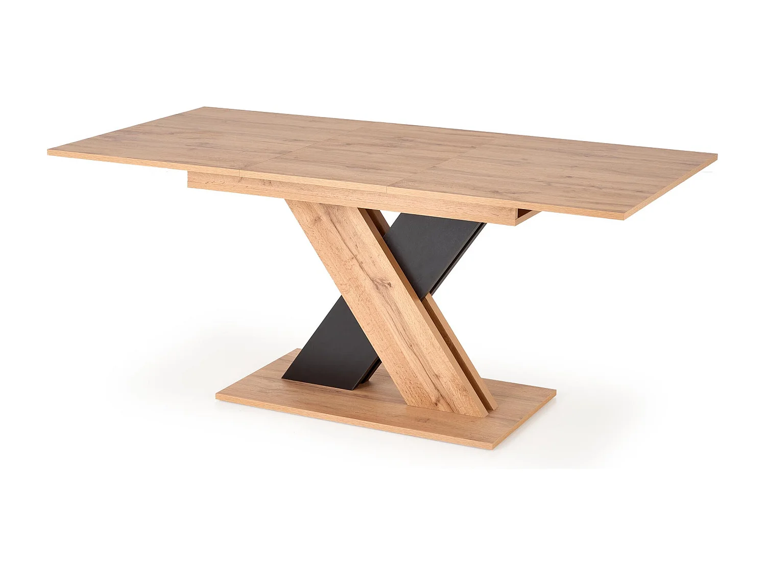 Mesa de comedor extensible APODIS con pata central bicolor y tablero de aspecto roble