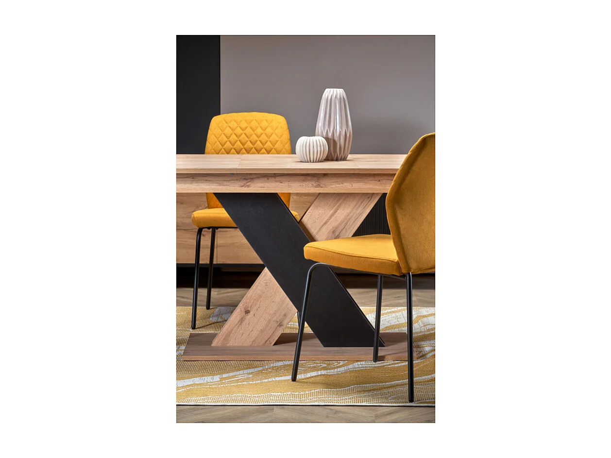 Mesa de comedor extensible APODIS con pata central bicolor y tablero de aspecto roble