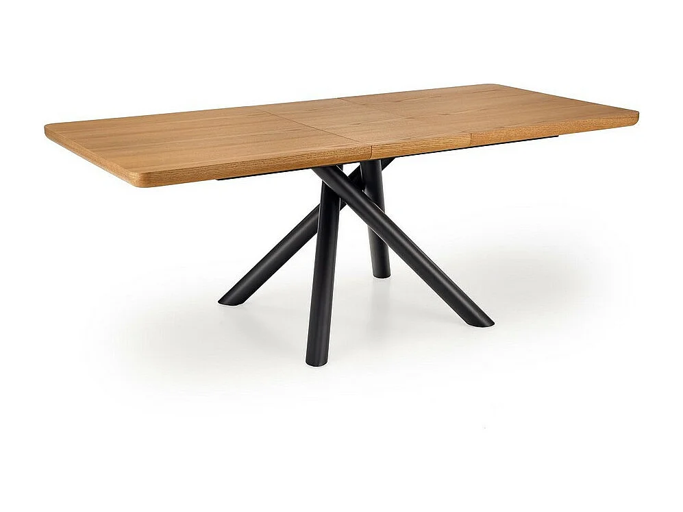 Mesa de comedor Montevideo con pata central de acero negro y tablero de aspecto roble