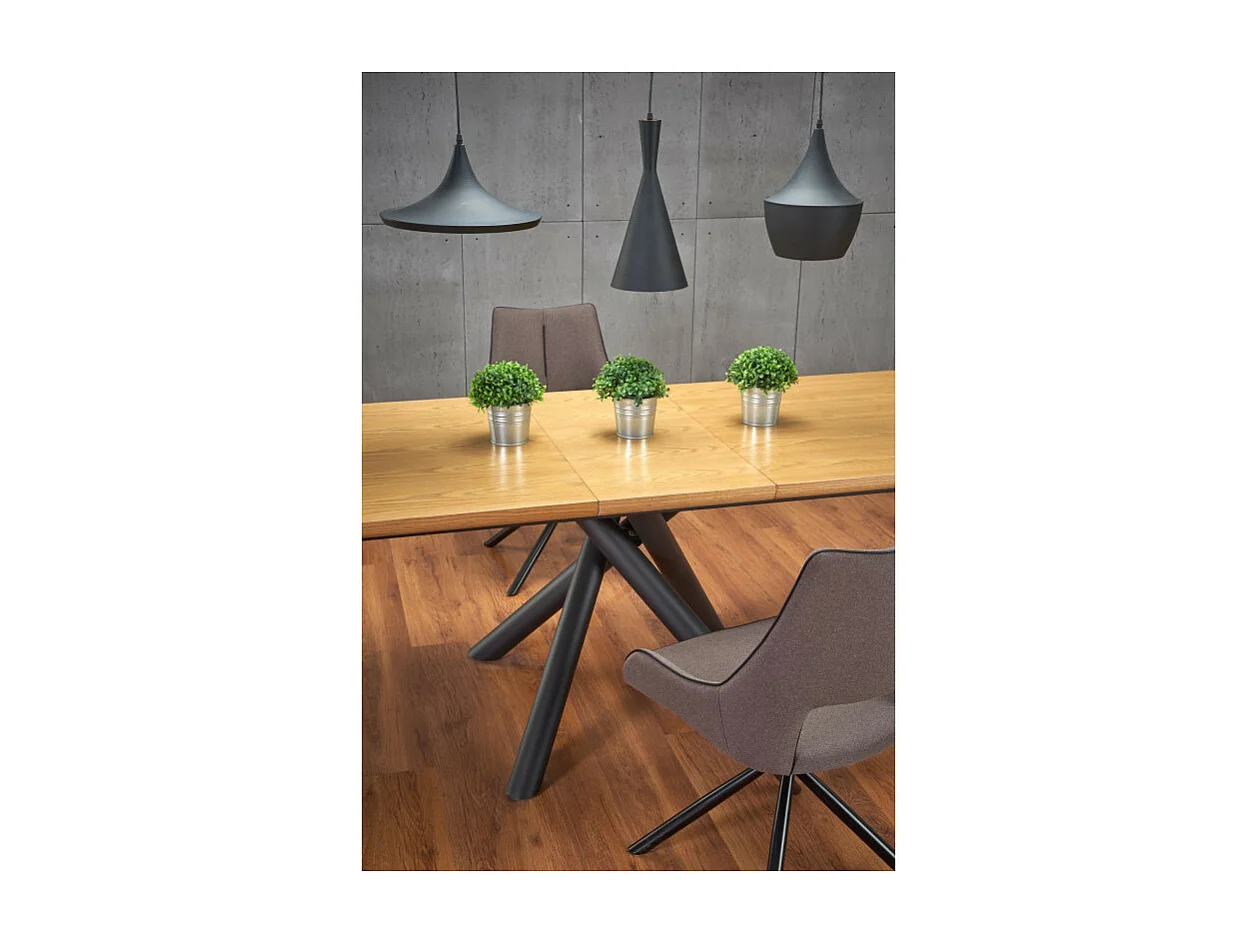 Mesa de comedor Montevideo con pata central de acero negro y tablero de aspecto roble