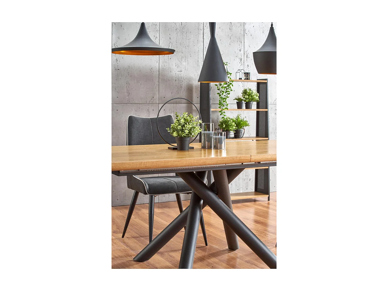 Mesa de comedor Montevideo con pata central de acero negro y tablero de aspecto roble