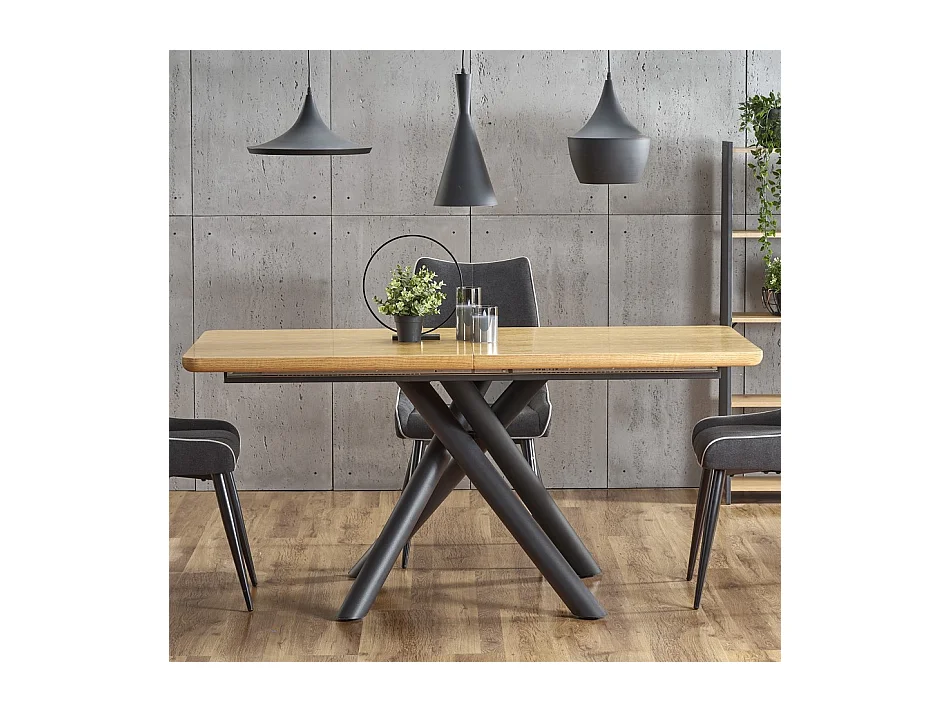 Table de salle à manger avec pied central design en acier noir et plateau aspect chêne Montevideo