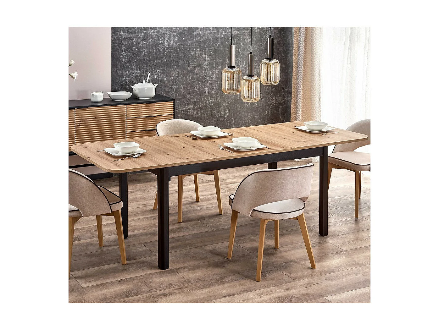 Mesa de comedor extensible BREHAT 160-228 aspecto negro y roble