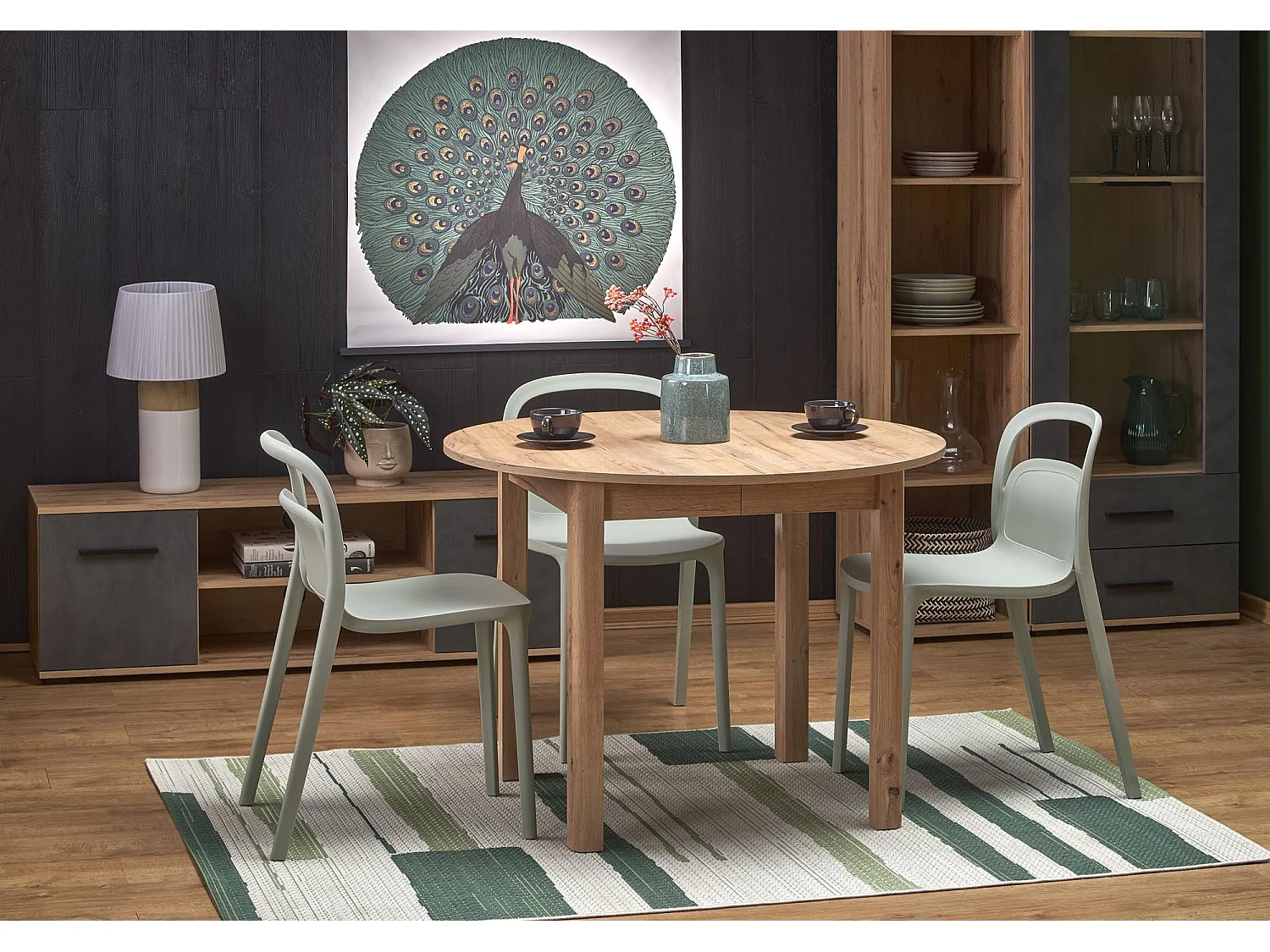 Mesa de comedor redonda 100cm extensible aspecto roble CARENE