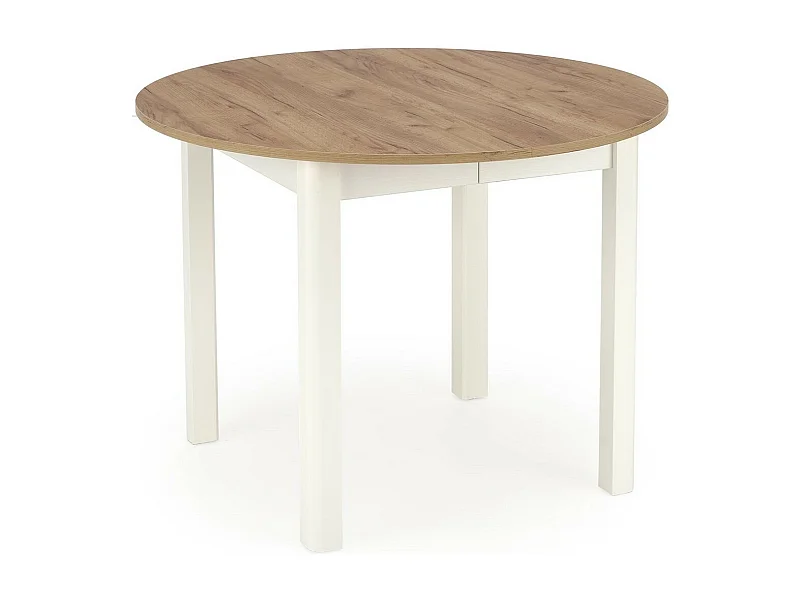 Mesa de comedor redonda extensible de 100 cm con tablero de aspecto roble y patas blancas CARENE