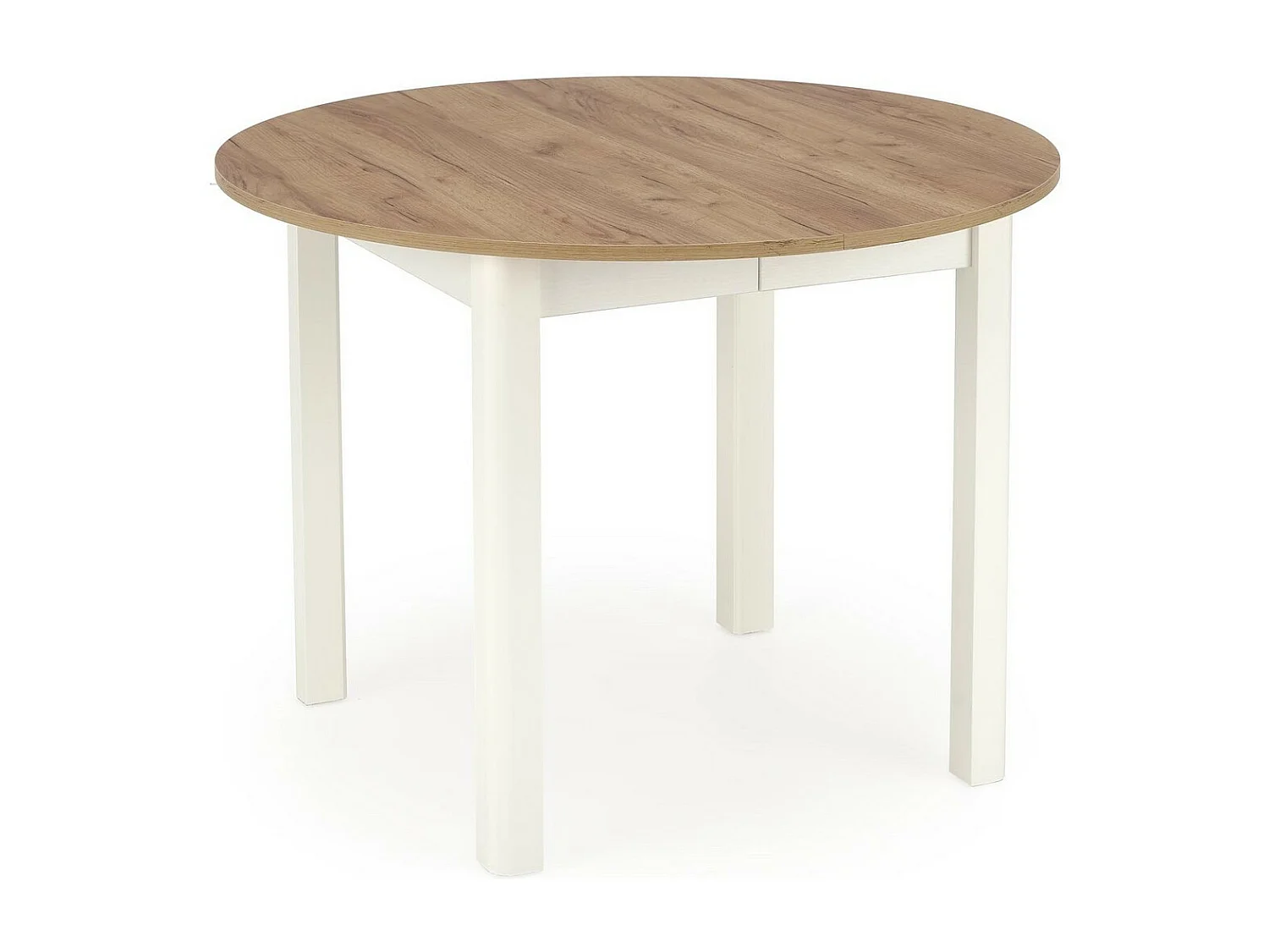 Mesa de comedor redonda extensible de 100 cm con tablero de aspecto roble y patas blancas CARENE