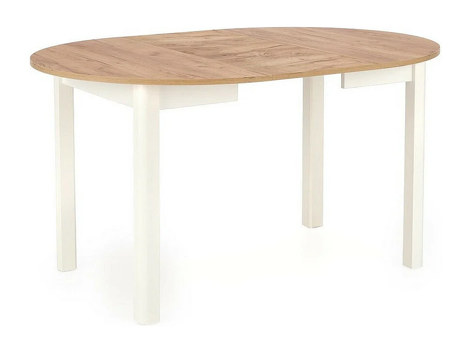 Mesa de comedor redonda extensible de 100 cm con tablero de aspecto roble y patas blancas CARENE