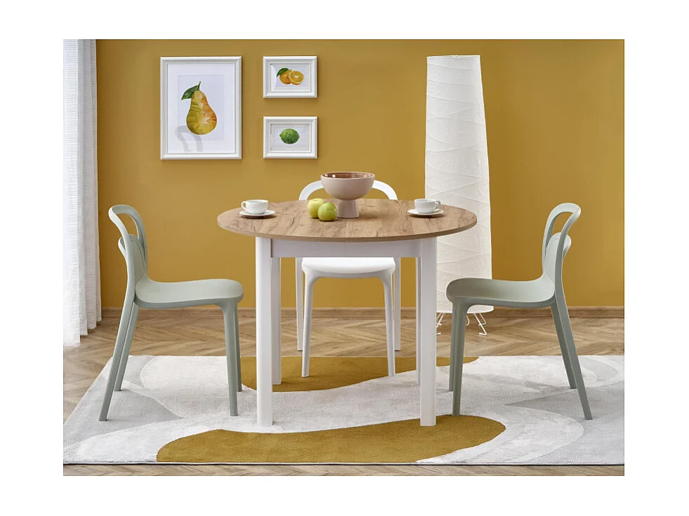 Table à manger ronde 100cm extensible avec plateau aspect chêne et pieds blancs CARENE
