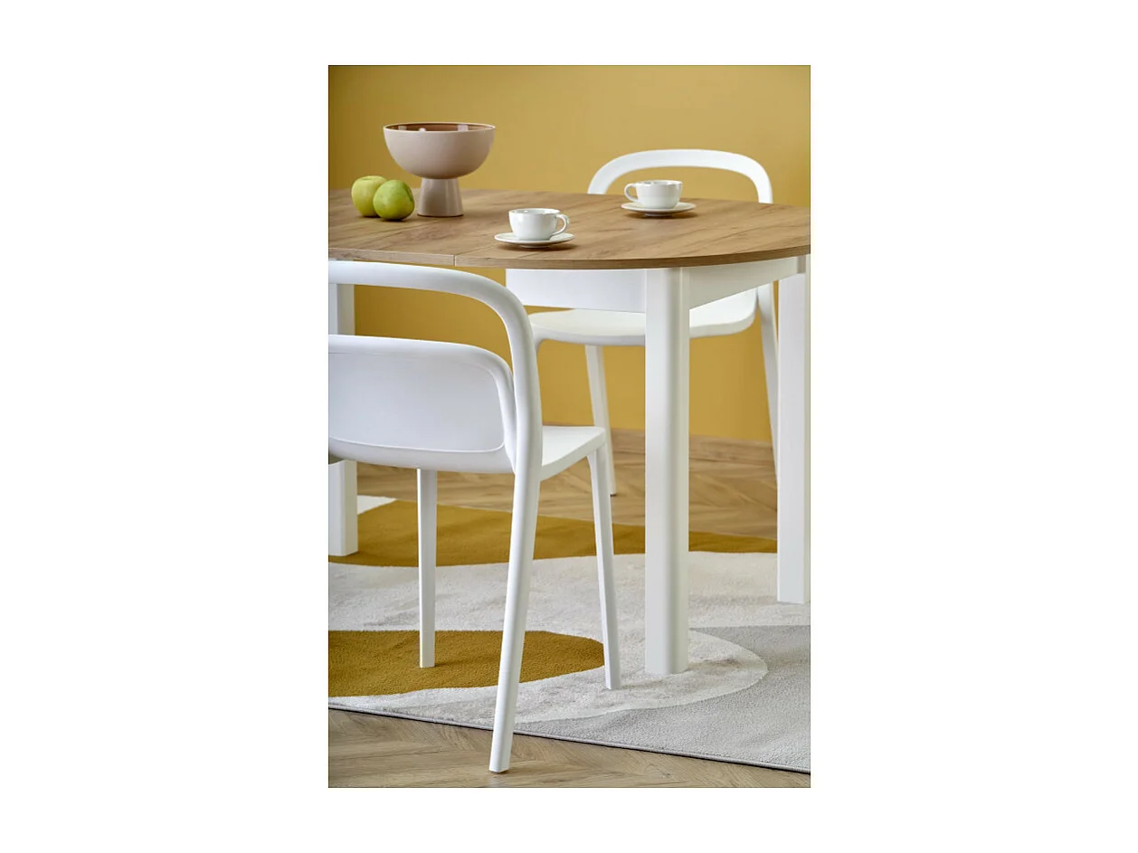 Table à manger ronde 100cm extensible avec plateau aspect chêne et pieds blancs CARENE