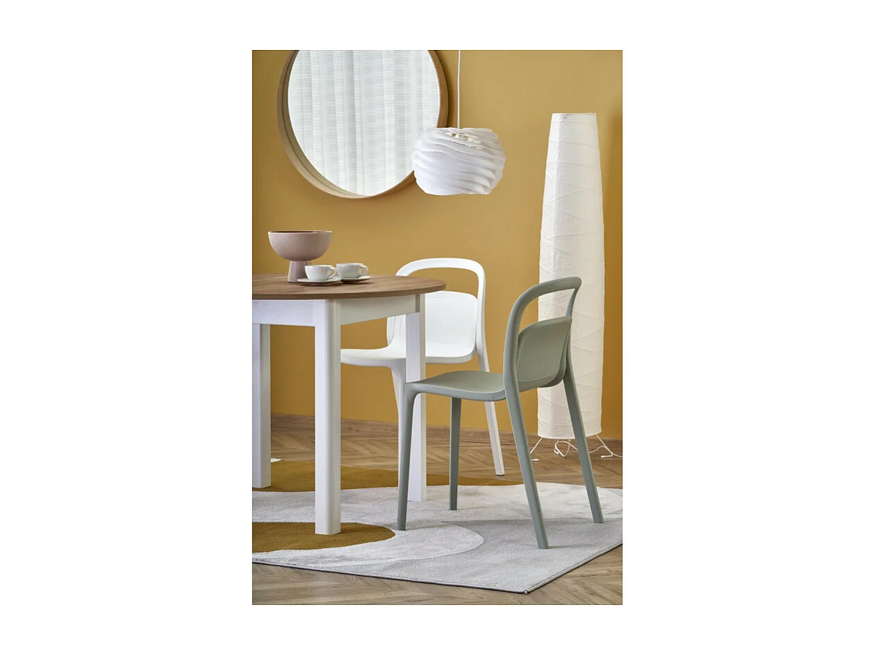 Table à manger ronde 100cm extensible avec plateau aspect chêne et pieds blancs CARENE
