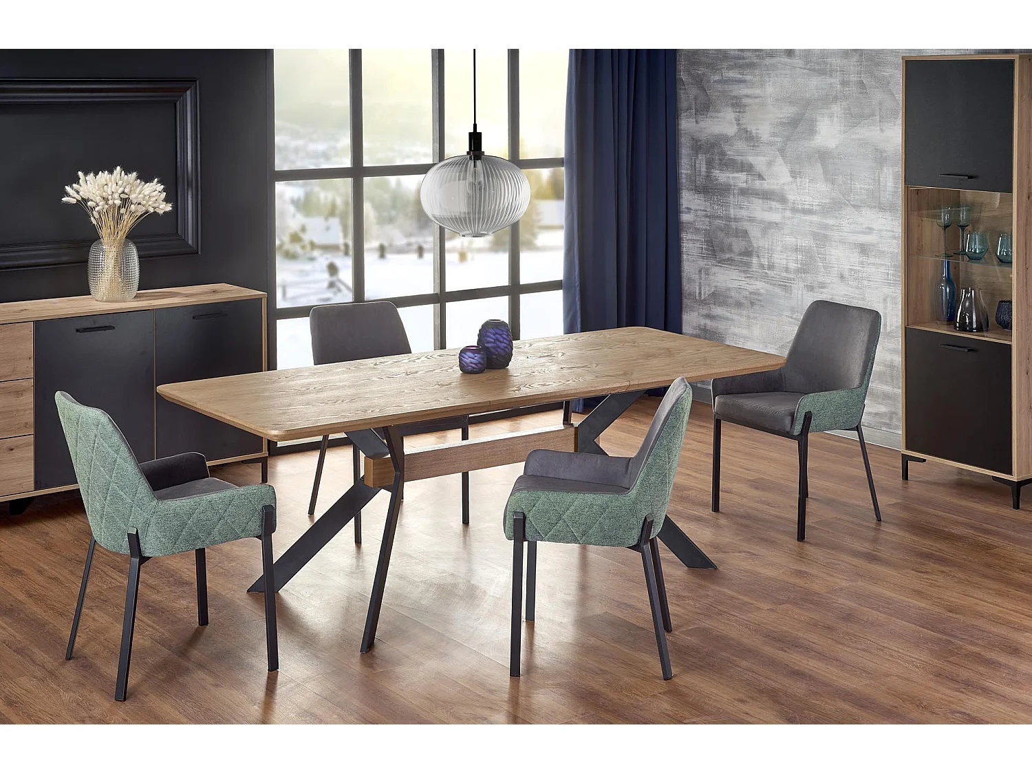 Mesa de comedor extensible 160-220cm aspecto roble y metal negro OGMA