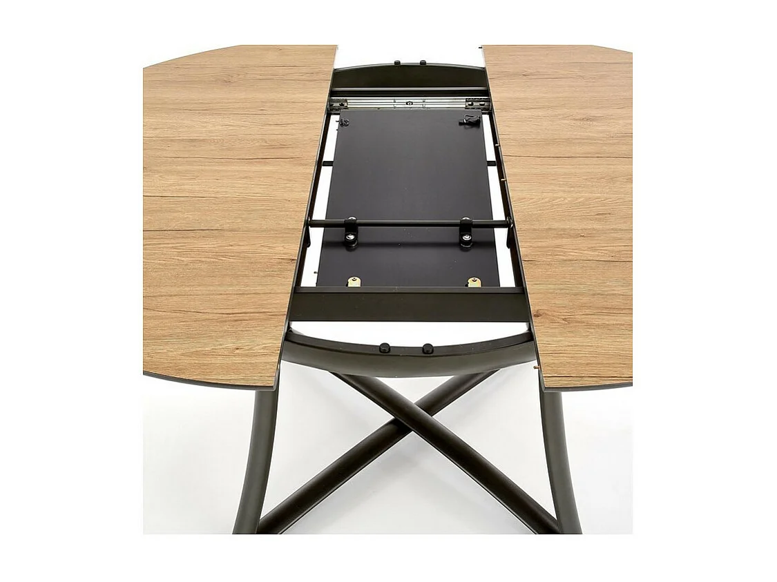 Mesa de comedor redonda extensible en roble con patas de acero