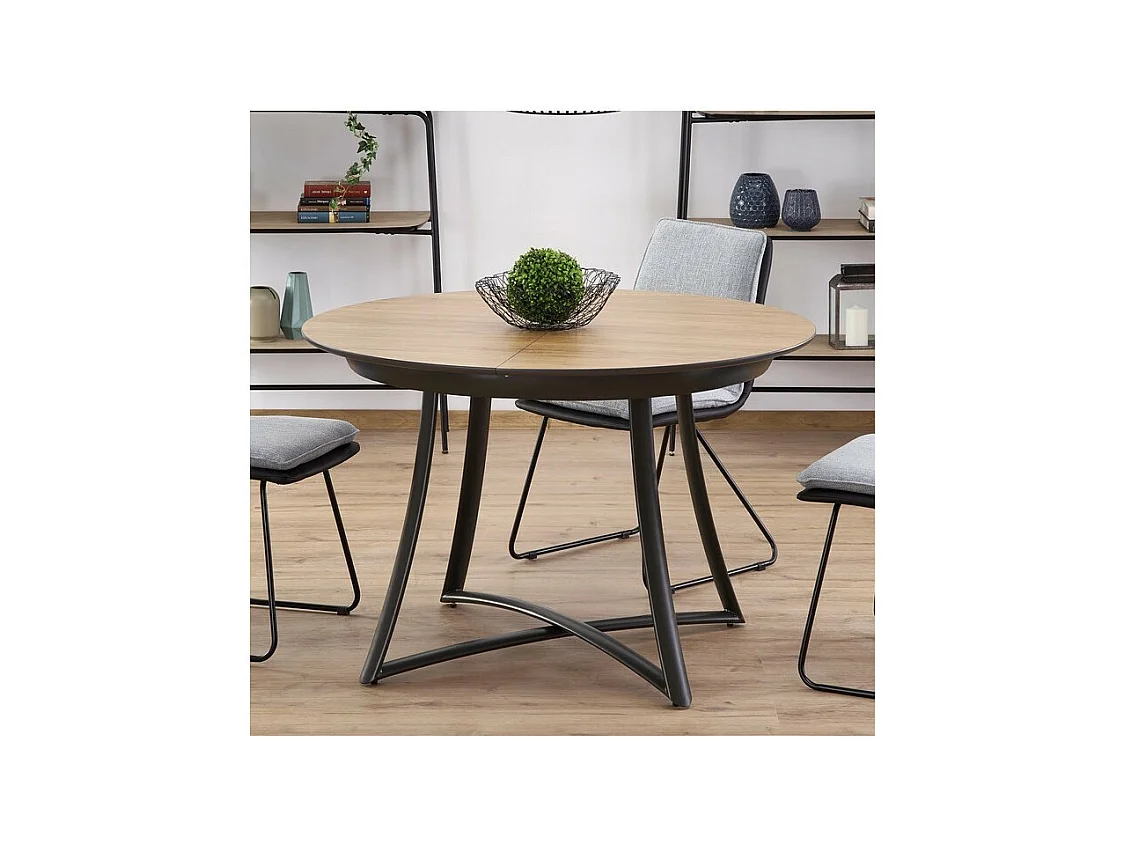 Table de salle à manger ronde extensible aspect chêne pieds acier Steel