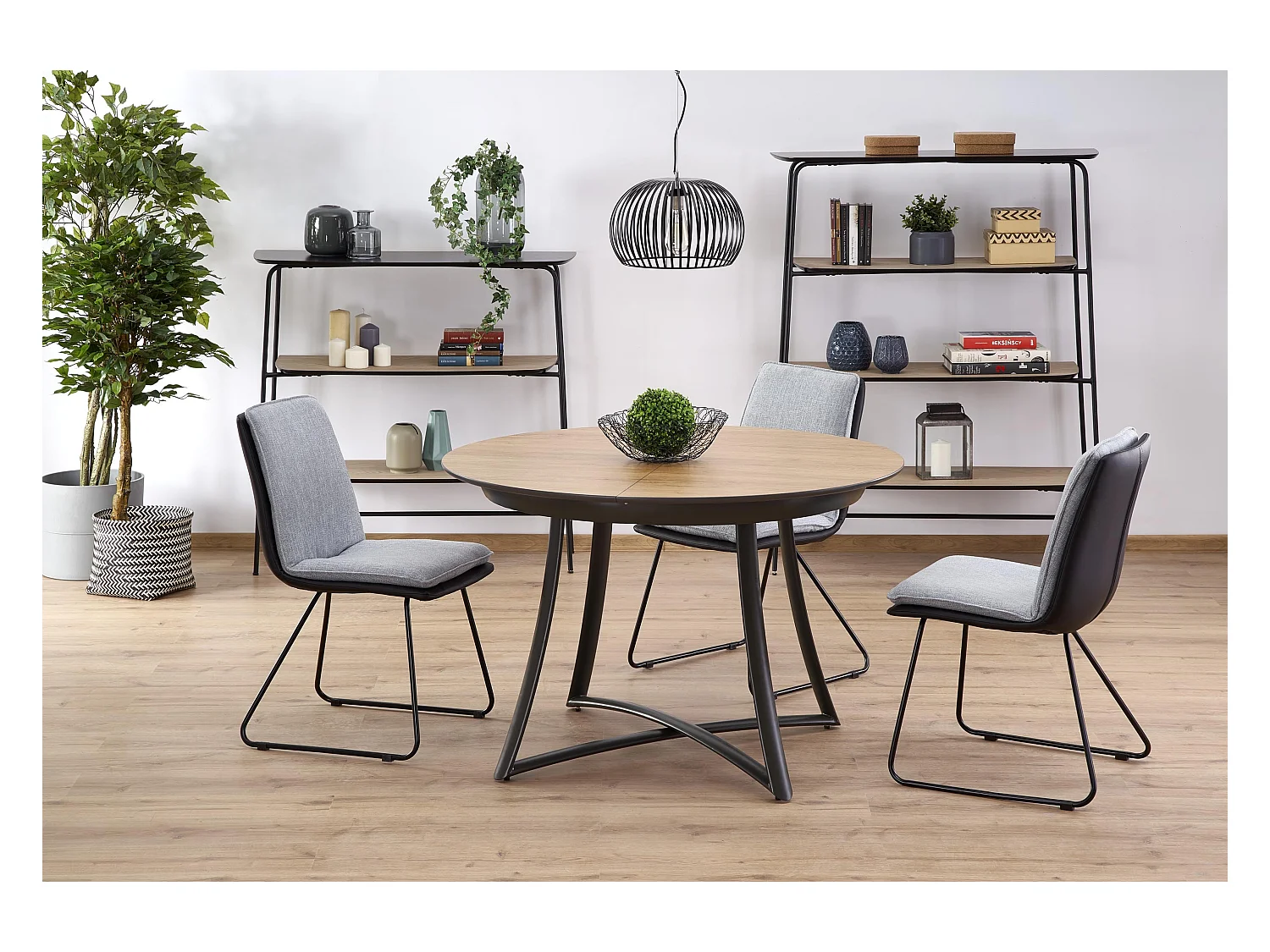Table de salle à manger ronde extensible aspect chêne pieds acier Steel