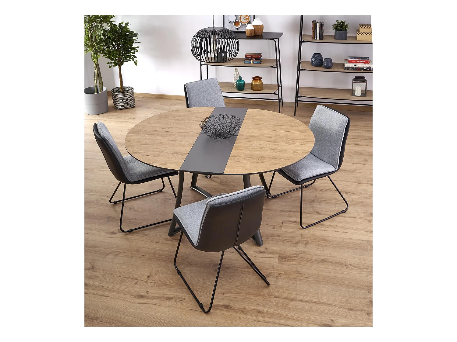 Table de salle à manger ronde extensible aspect chêne pieds acier Steel