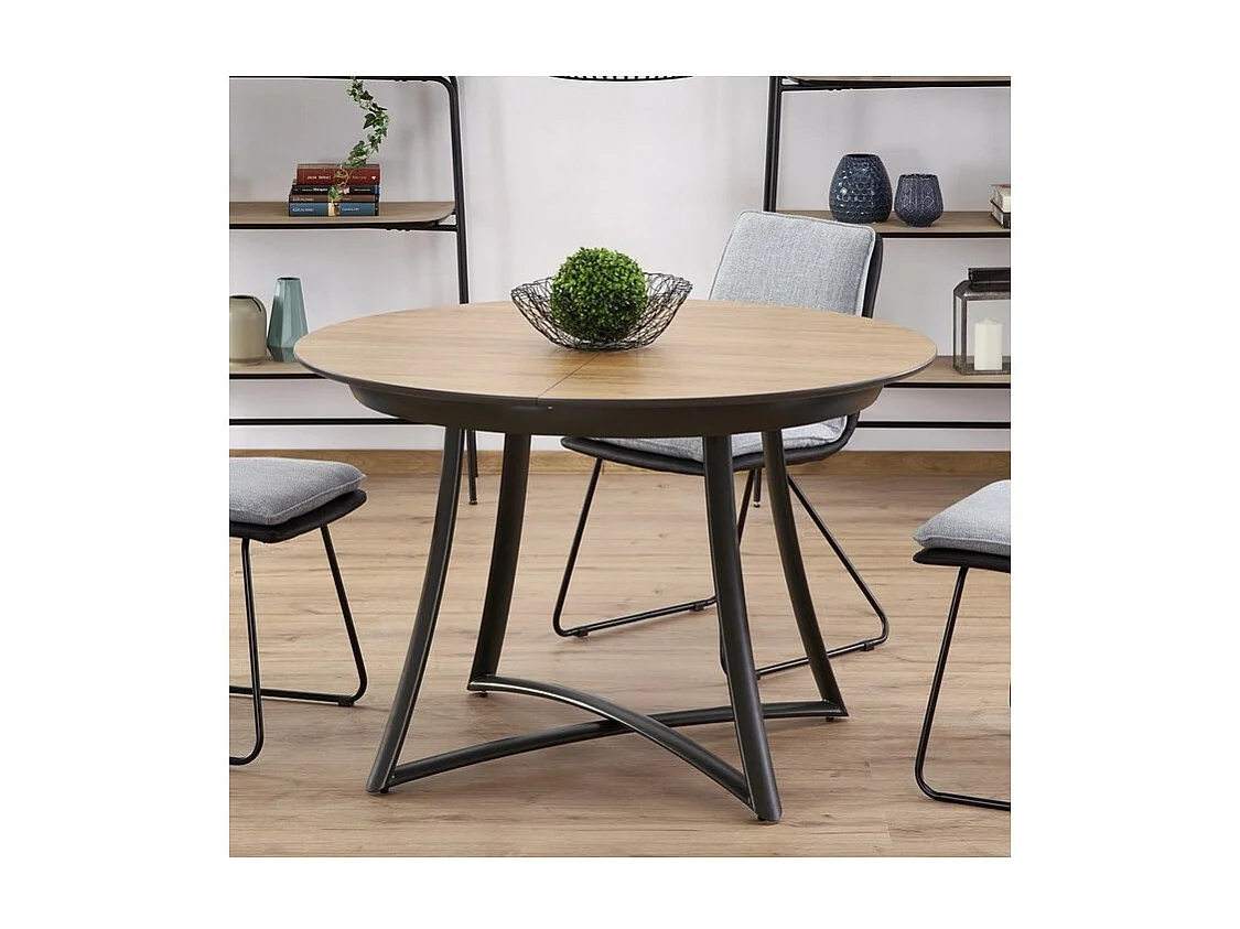 Table de salle à manger ronde extensible aspect chêne pieds acier Steel