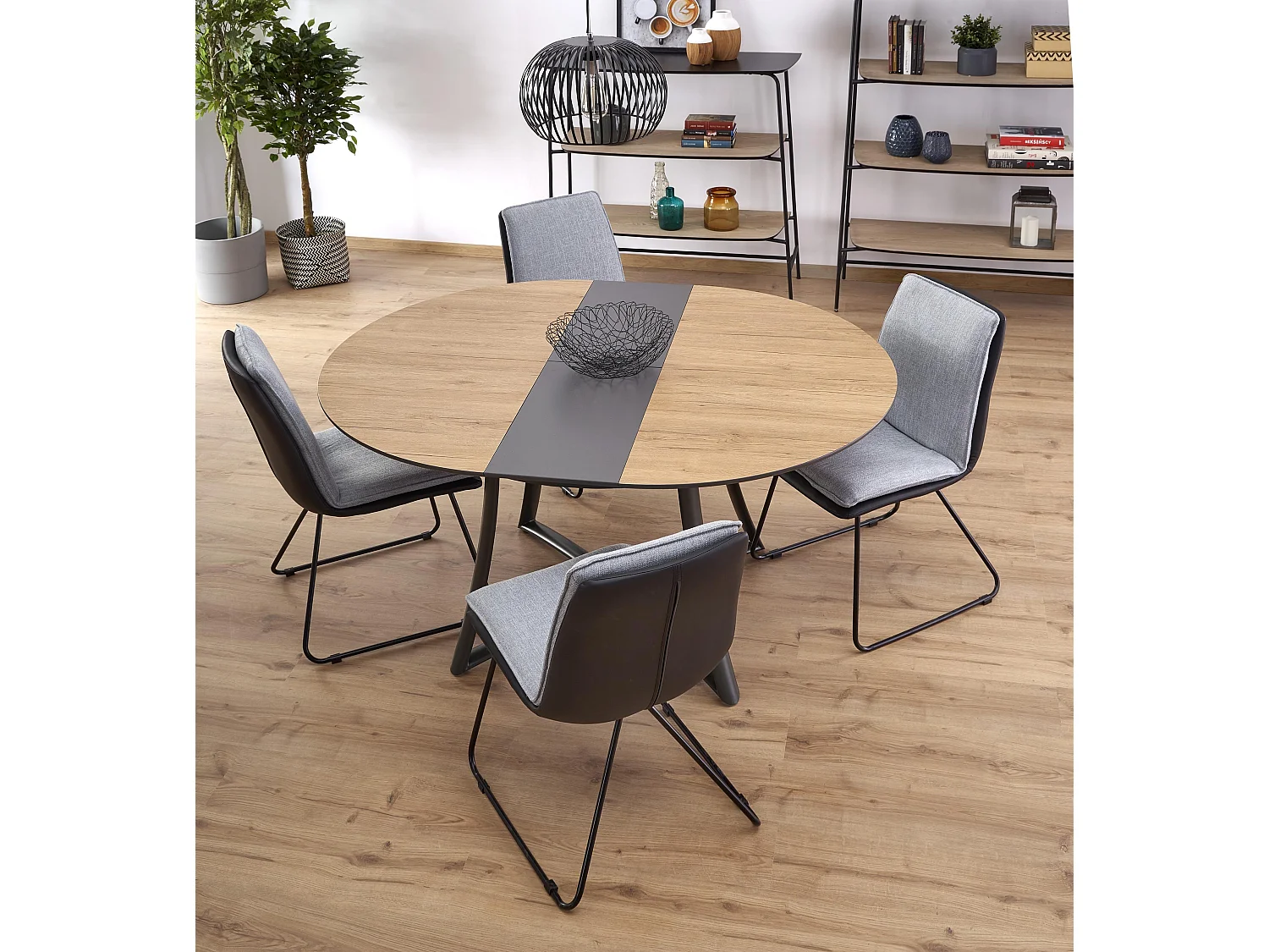 Table de salle à manger ronde extensible aspect chêne pieds acier Steel