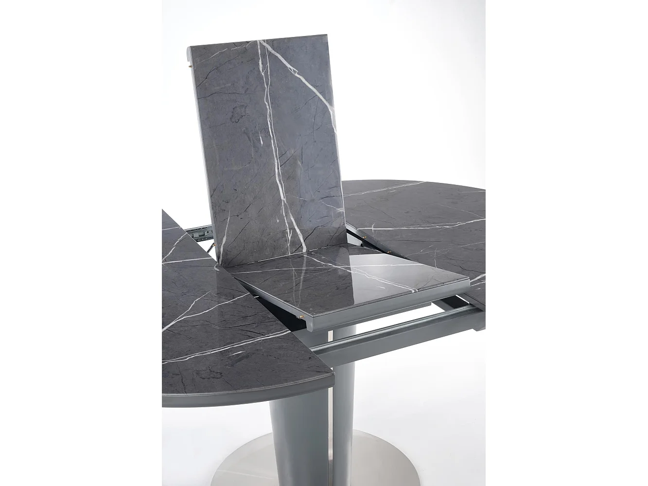 Mesa redonda estilo mármol gris 120-160cm con extensión y pata central Calvi