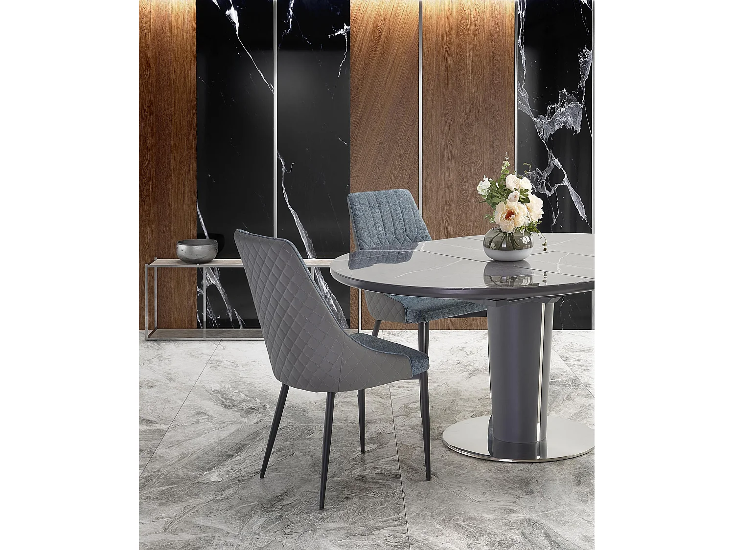 Mesa redonda estilo mármol gris 120-160cm con extensión y pata central Calvi