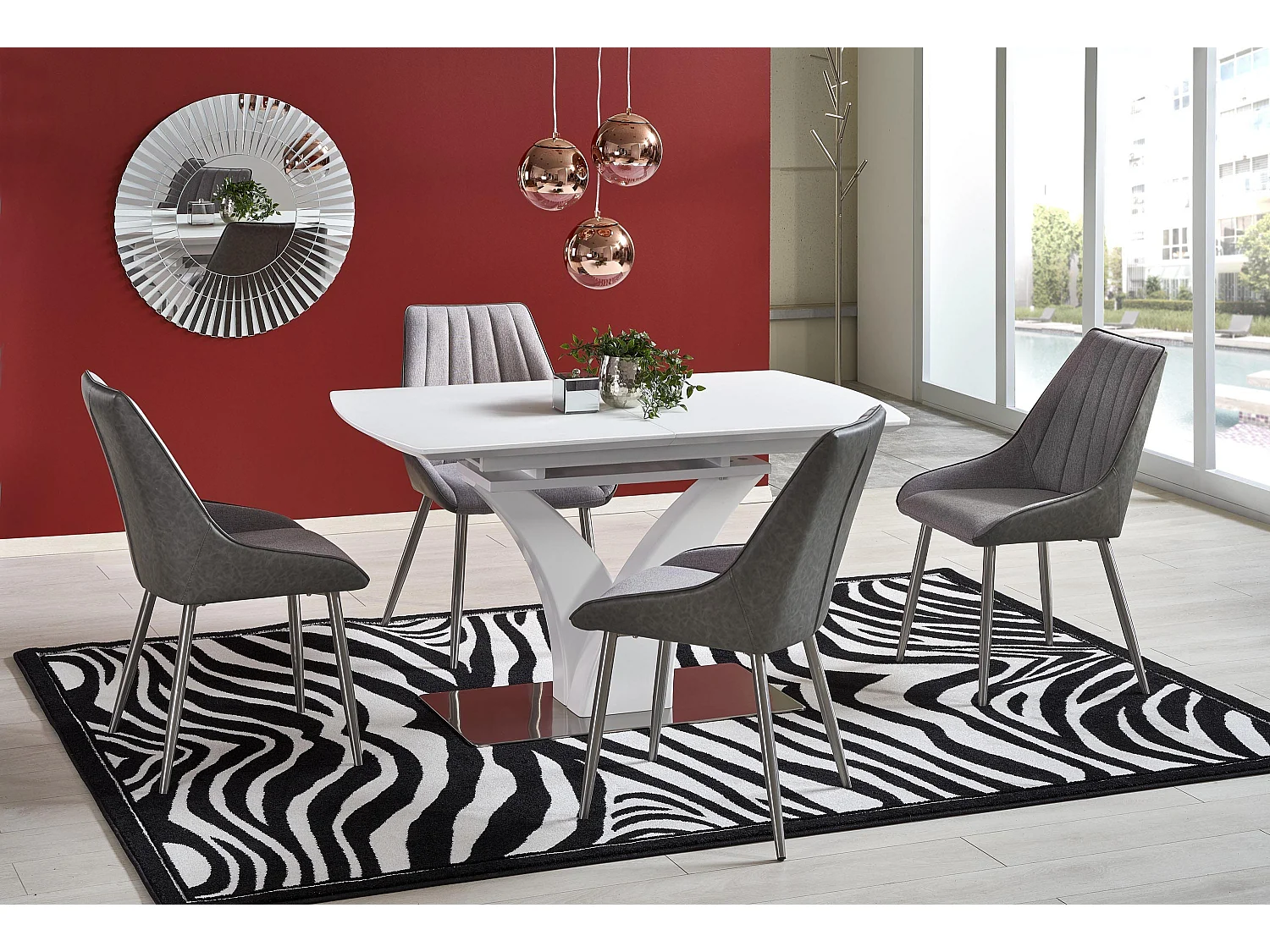 Table rectangulaire extensible blanc mat avec pied central design Sparte