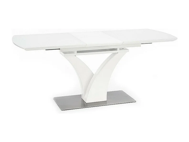 Mesa extensible rectangular blanca mate con pata central, diseño Sparte
