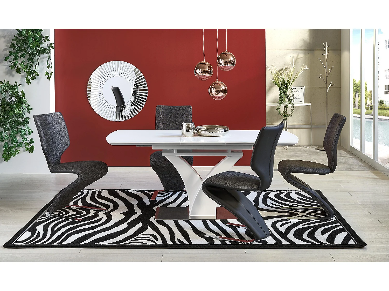 Mesa extensible rectangular blanca mate con pata central, diseño Sparte