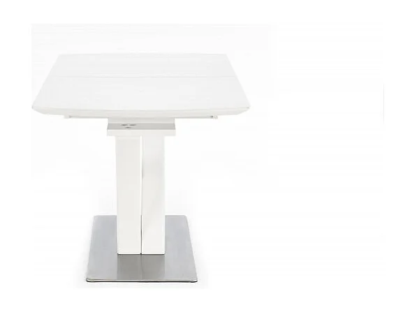 Mesa extensible rectangular blanca mate con pata central, diseño Sparte