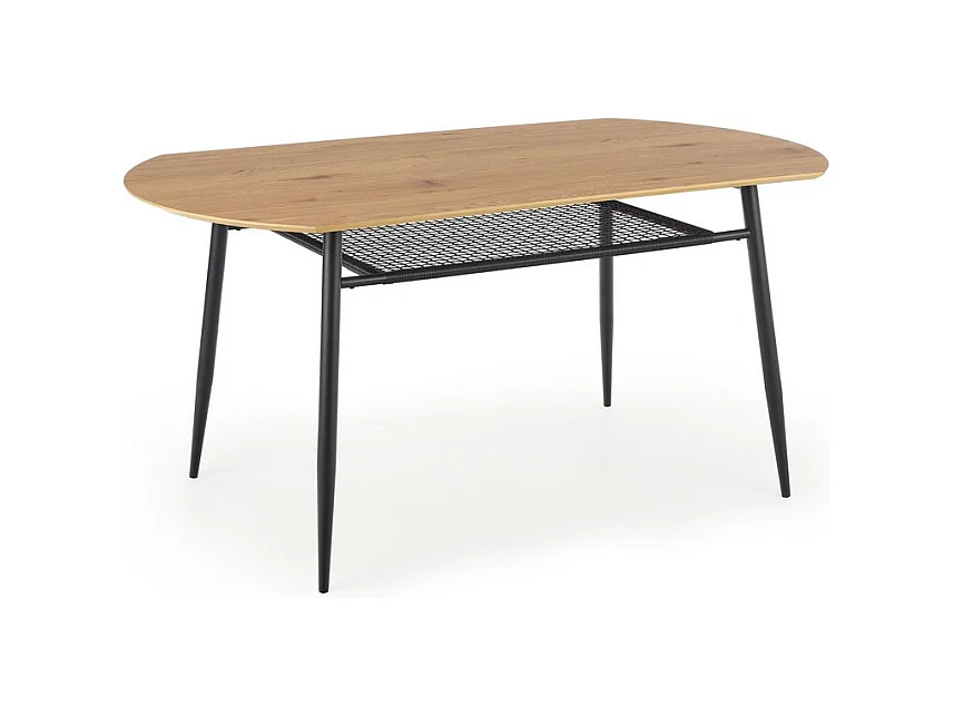Table de salle à manger aspect chêne doré avec étagère en rotin et pieds en métal noir CEBREN